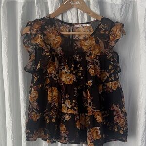 Miami Floral Ruffle Sleeve Blouse - Black and Brown